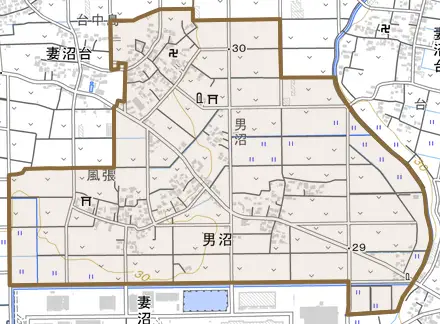 男沼とその周辺の地図。町の範囲を重ねている
