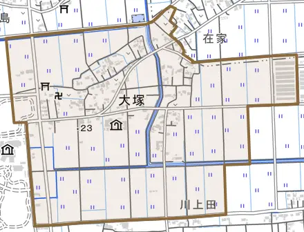 大塚とその周辺の地図。町の範囲を重ねている