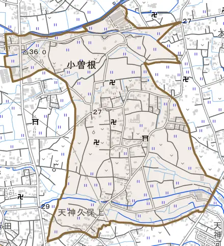 小曽根とその周辺の地図。町の範囲を重ねている