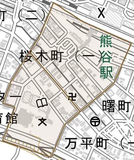 桜木町とその周辺の地図。町の範囲を重ねている