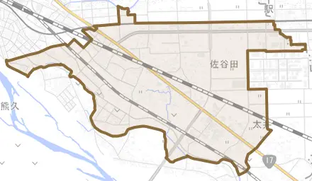 佐谷田とその周辺の地図。町の範囲を重ねている