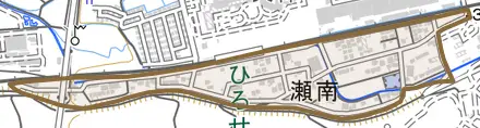 瀬南とその周辺の地図。町の範囲を重ねている