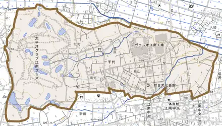 千代とその周辺の地図。町の範囲を重ねている