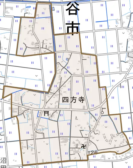四方寺とその周辺の地図。町の範囲を重ねている