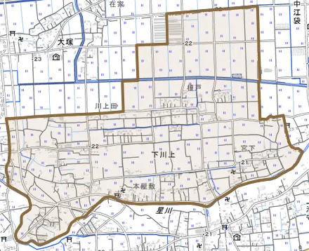下川上とその周辺の地図。町の範囲を重ねている