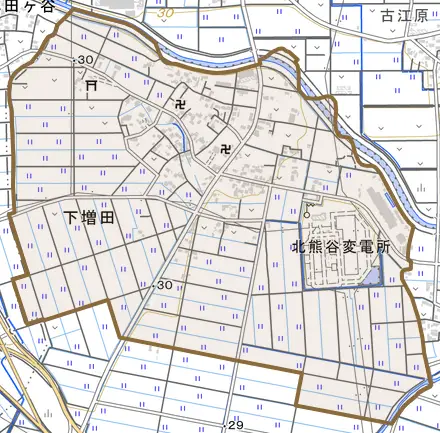 下増田とその周辺の地図。町の範囲を重ねている