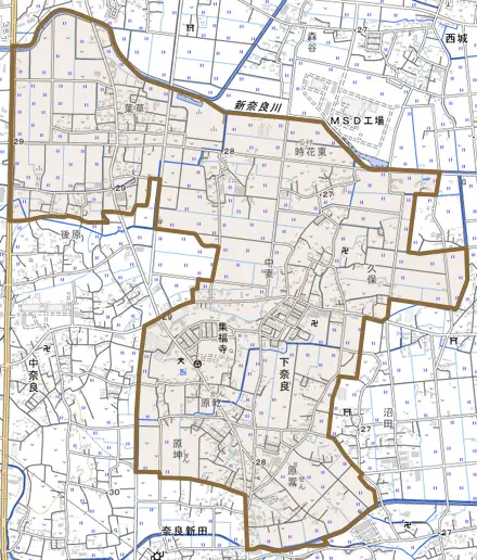 下奈良とその周辺の地図。町の範囲を重ねている