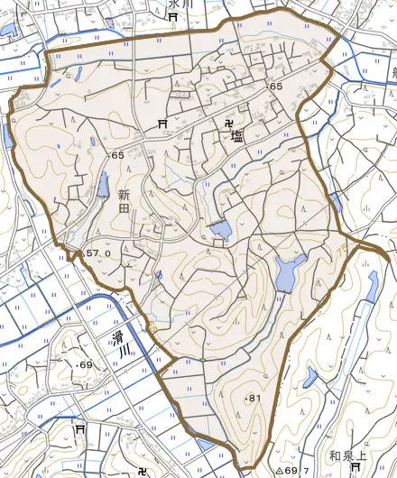 塩とその周辺の地図。町の範囲を重ねている