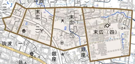 末広とその周辺の地図。町の範囲を重ねている