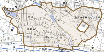 須賀広とその周辺の地図。町の範囲を重ねている