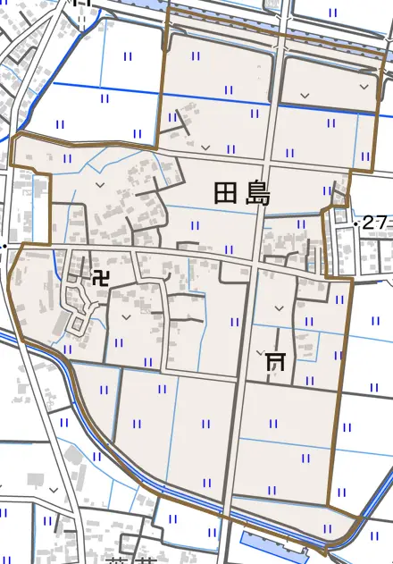 田島とその周辺の地図。町の範囲を重ねている