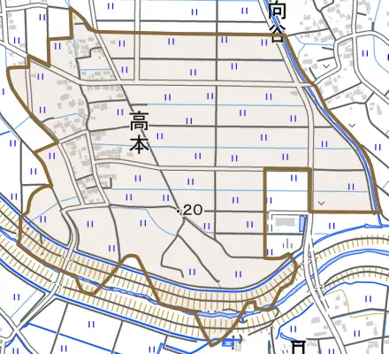 高本とその周辺の地図。町の範囲を重ねている