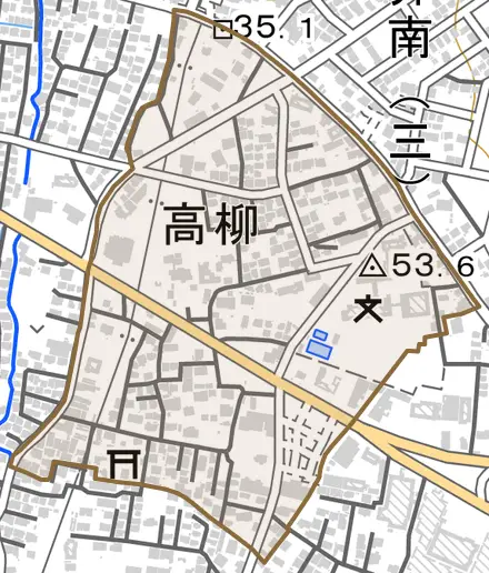 高柳とその周辺の地図。町の範囲を重ねている