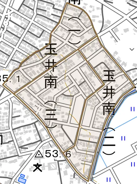 玉井南とその周辺の地図。町の範囲を重ねている