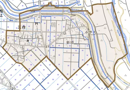 玉作とその周辺の地図。町の範囲を重ねている