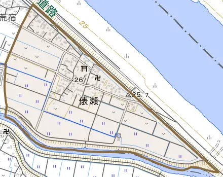 俵瀬とその周辺の地図。町の範囲を重ねている