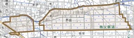 戸出とその周辺の地図。町の範囲を重ねている