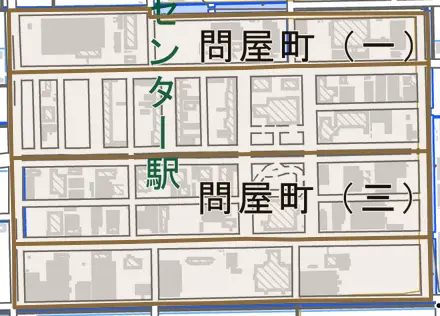 問屋町とその周辺の地図。町の範囲を重ねている