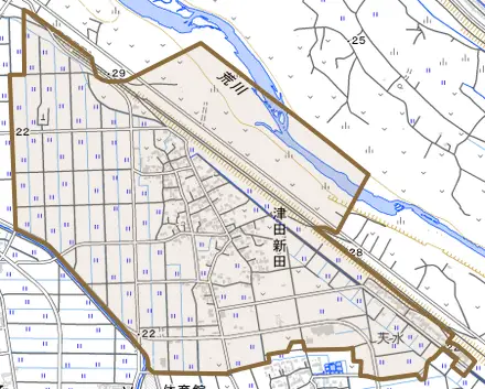 津田新田とその周辺の地図。町の範囲を重ねている