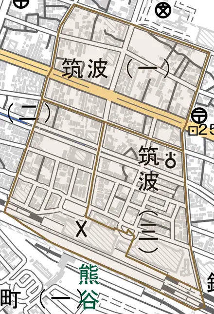 筑波とその周辺の地図。町の範囲を重ねている