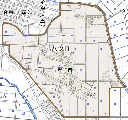 八ツ口とその周辺の地図。町の範囲を重ねている