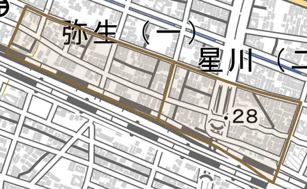 弥生とその周辺の地図。町の範囲を重ねている