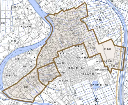 大字松伏とその周辺の地図。町の範囲を重ねている
