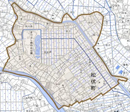 大字大川戸とその周辺の地図。町の範囲を重ねている