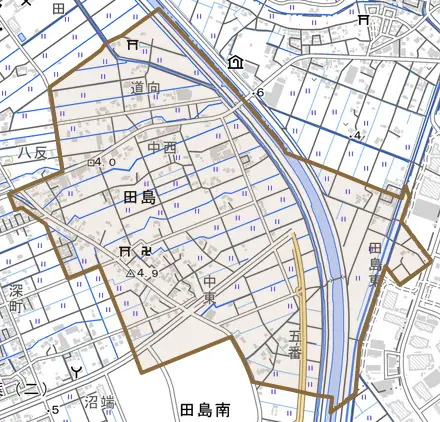 大字田島とその周辺の地図。町の範囲を重ねている