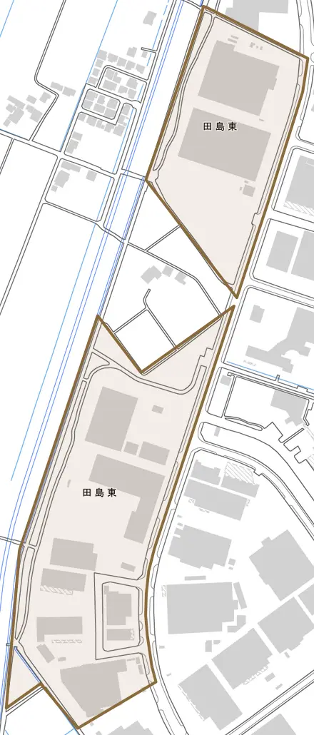田島東とその周辺の地図。町の範囲を重ねている
