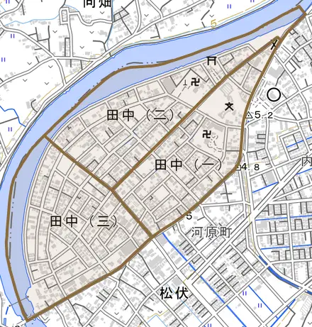 田中とその周辺の地図。町の範囲を重ねている
