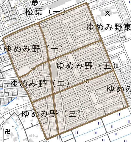 ゆめみ野とその周辺の地図。町の範囲を重ねている
