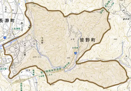 大字下田野とその周辺の地図。町の範囲を重ねている