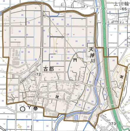大字古郡とその周辺の地図。町の範囲を重ねている