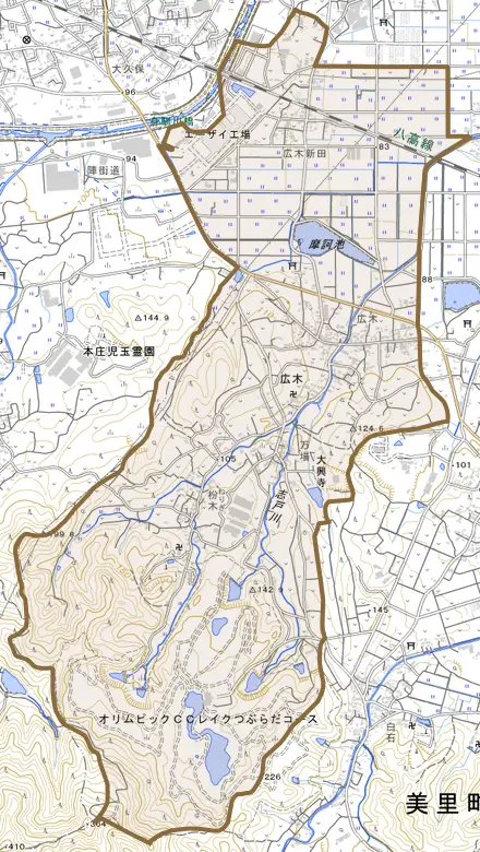大字広木とその周辺の地図。町の範囲を重ねている