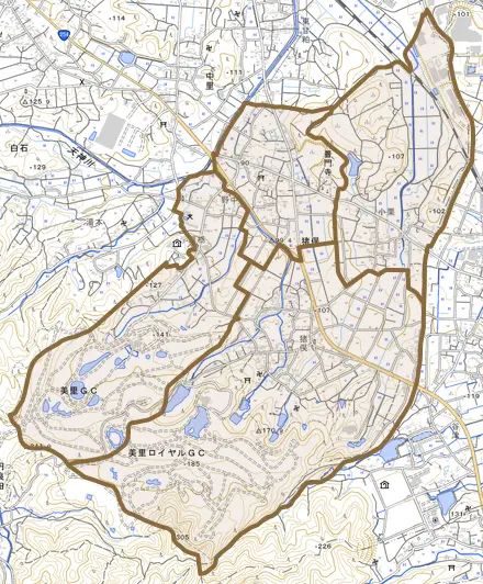 大字猪俣とその周辺の地図。町の範囲を重ねている
