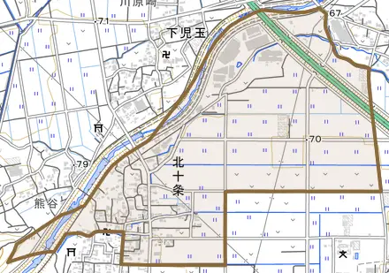 大字北十条とその周辺の地図。町の範囲を重ねている