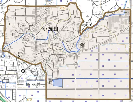 大字小茂田とその周辺の地図。町の範囲を重ねている