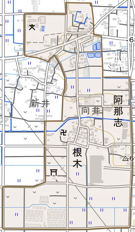 大字根木とその周辺の地図。町の範囲を重ねている