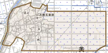 大字沼上とその周辺の地図。町の範囲を重ねている
