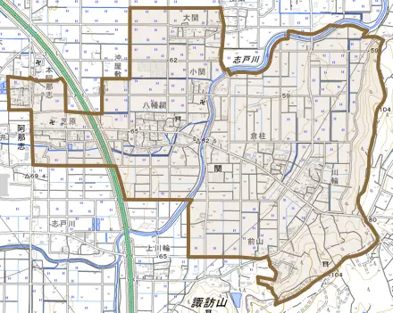 大字関とその周辺の地図。町の範囲を重ねている