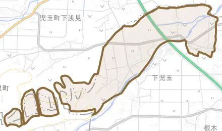 大字下児玉とその周辺の地図。町の範囲を重ねている