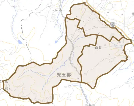 大字白石とその周辺の地図。町の範囲を重ねている