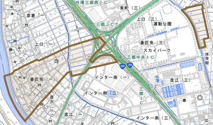 番匠免とその周辺の地図。町の範囲を重ねている