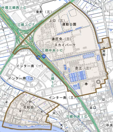 花和田とその周辺の地図。町の範囲を重ねている