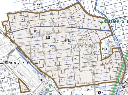 半田とその周辺の地図。町の範囲を重ねている