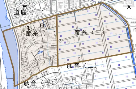 彦糸とその周辺の地図。町の範囲を重ねている