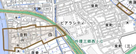 彦野とその周辺の地図。町の範囲を重ねている