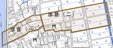 彦音とその周辺の地図。町の範囲を重ねている