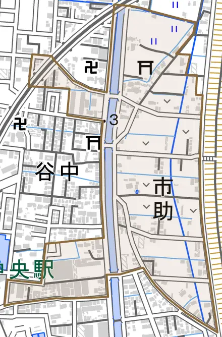 市助とその周辺の地図。町の範囲を重ねている